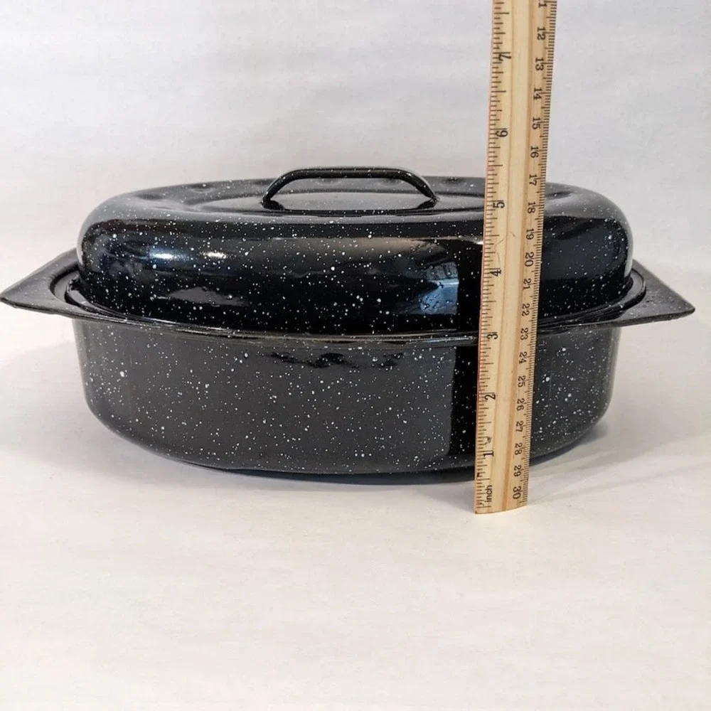 Vintage Graniteware Roasting Pan Black White Speckled Enamelware Oval Lidded 13